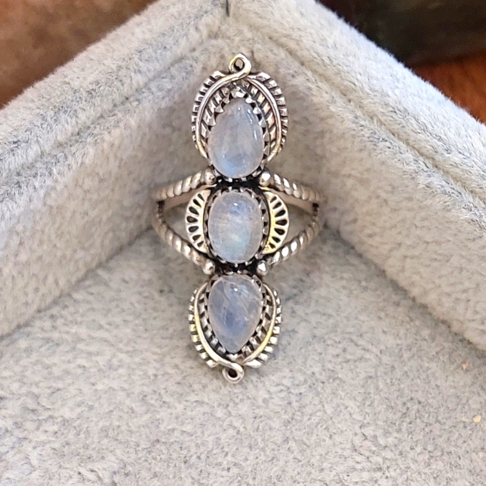 Triple Moonstone Solid Sterling Silver Ring